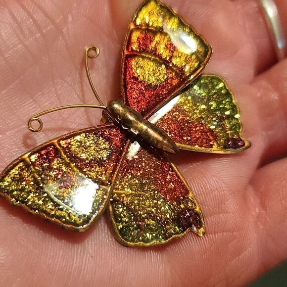 Vintage orange & yellow sparkle butterfly brooch - Picture 1 of 4